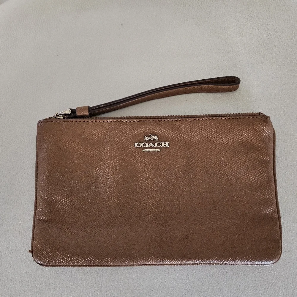Coach Brown Saffiano Leather Wristlet Zip Pouch Gold Logo Strap.